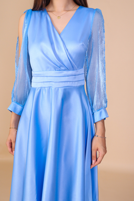 Rochie ANDA din Tafta, Bleu, cu Maneci din Organza, Engros [3]
