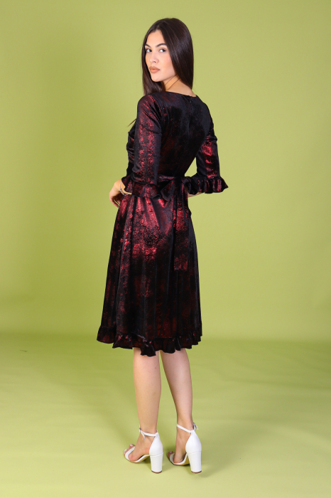 Rochie ARINA, Neagra cu Fir Lurex Rosu, din Catifea, Engros [4]