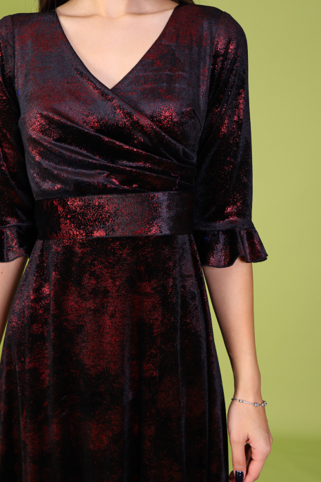 Rochie ARINA, Neagra cu Fir Lurex Rosu, din Catifea, Engros [3]