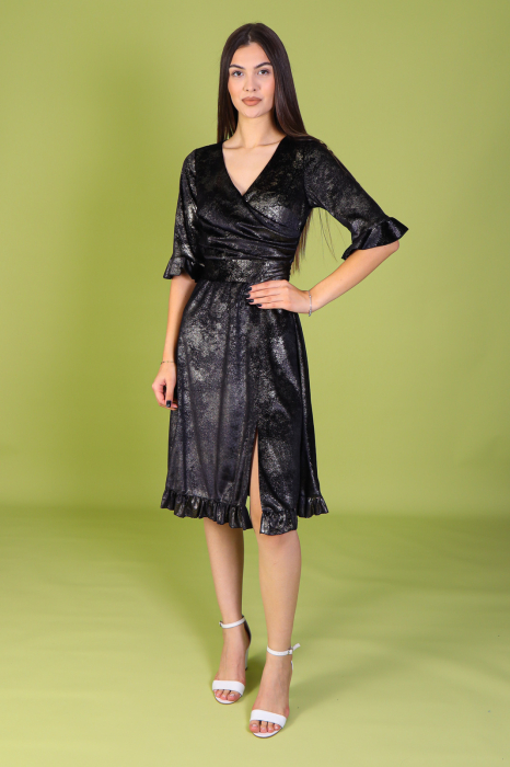 Rochie ARINA, Neagra cu fir Lurex Auriu, din Catifea, Engros [2]