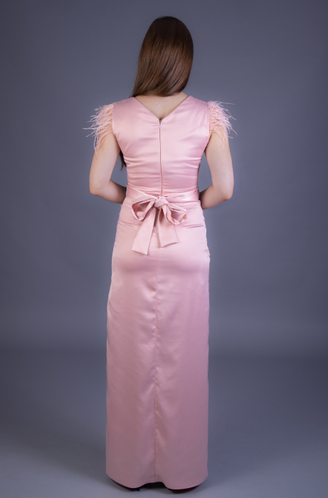 Rochie lunga ATENA din tafta roz cu pene [3]