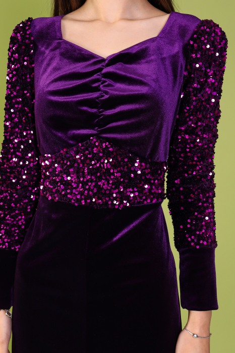 Rochie ELVIRA Mov din Catifea si Paiete, Engros [3]