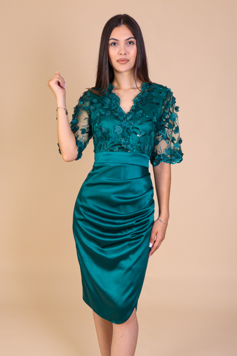 Rochie Catlyn, Verde din Tafta si Dantela 3D, Engros [2]