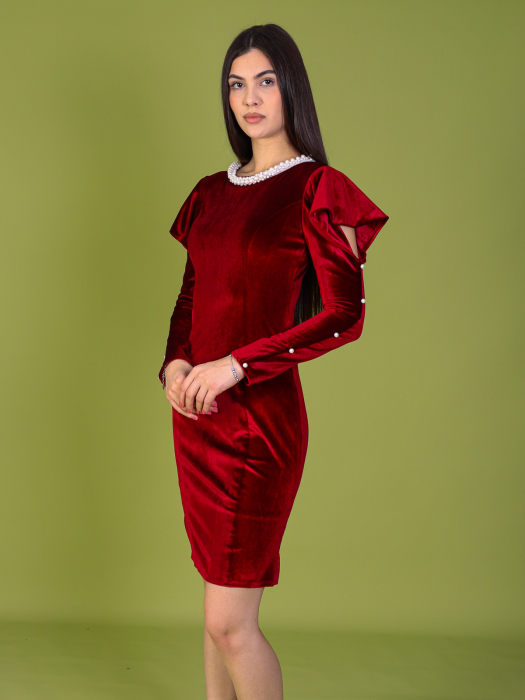 Rochie LINDA Bordo, cu Maneca Decupata si Perle, Engros [2]