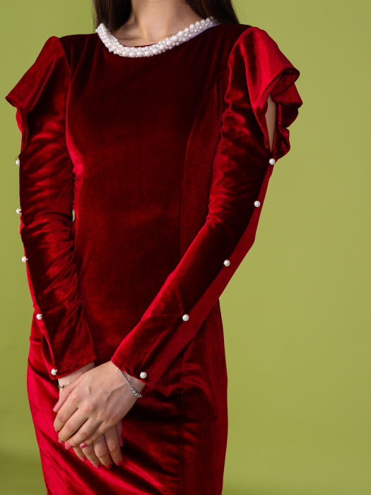 Rochie LINDA Bordo, cu Maneca Decupata si Perle, Engros [4]