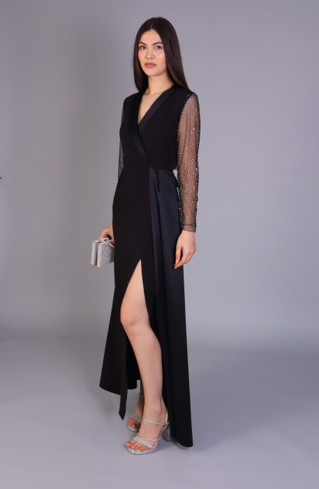 Rochie MARISA Lunga Tip Sacou, cu Guler din Tafta si Maneci cu Pietricele [2]