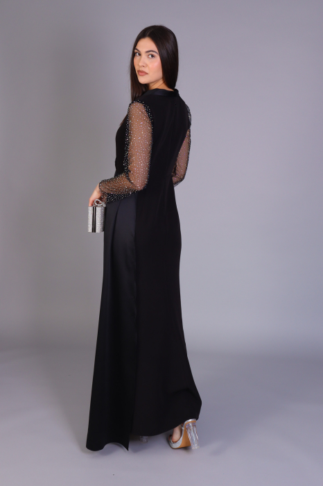 Rochie MARISA Lunga Tip Sacou, cu Guler din Tafta si Maneci cu Pietricele [4]