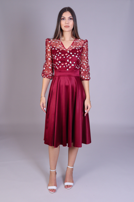 Rochie MAYA bordo din tafta si broderie cu motive florale engros [2]