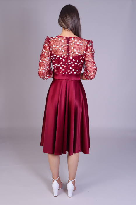 Rochie MAYA bordo din tafta si broderie cu motive florale engros [5]