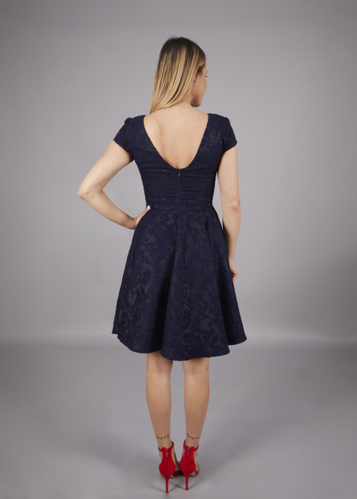 Rochie ANGRO Melisa bleumarin din brocard cu motive florale [3]