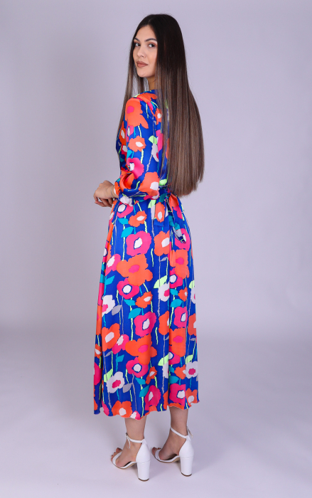 Rochie OLGA midi cu imprimeu floral roz si albastru [2]
