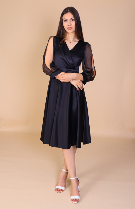 Rochie ANDA din Tafta, Neagra cu Maneci din Organza, Engros [2]