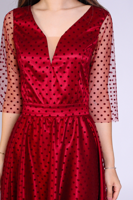 Rochie Reyna cu Plasa cu Buline si Satin, Bordo Engros [3]