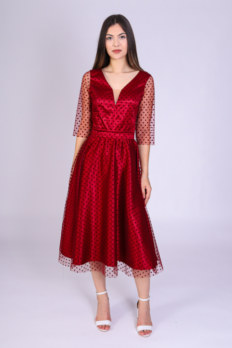 Rochie Reyna cu Plasa cu Buline si Satin, Bordo Engros [2]