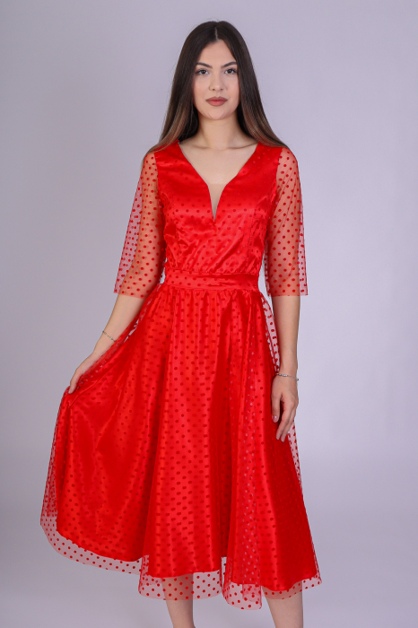 Rochie Reyna cu Plasa cu Buline si Satin, Rosie, Engros [2]