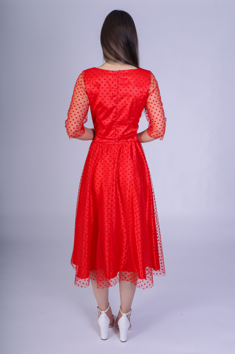 Rochie Reyna cu Plasa cu Buline si Satin, Rosie, Engros [4]
