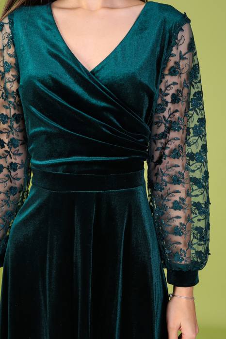 Rochie SANDY din Catifea Verde si Maneci din Dantela, Engros [3]