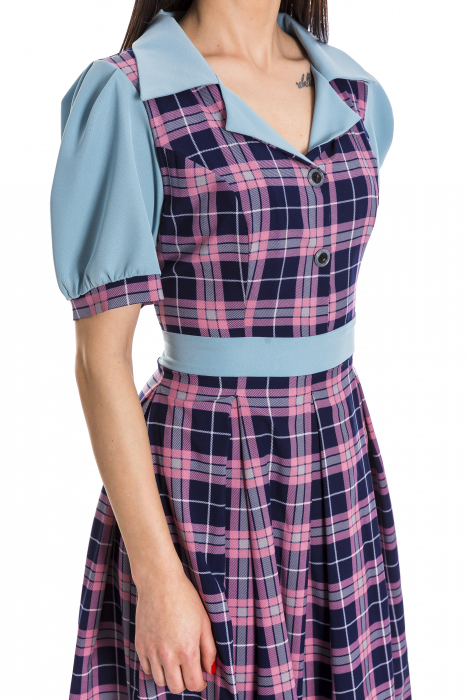 Rochie ANGRO Simona albastra cu carouri roz si bleumarin [3]