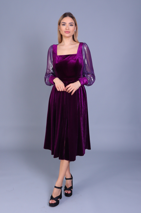 Rochie ENGROS Valeria midi mov din catifea cu buzunare [2]