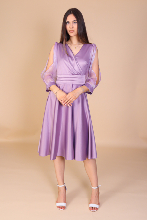 Rochii Midi - Rochie ANDA din Tafta, Lila cu Maneci din Organza, Engros