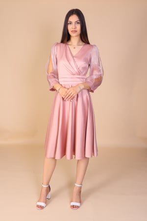 Rochii Midi - Rochie ANDA din Tafta, Roz cu Maneci din Organza, Engros