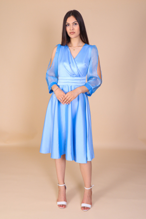 Rochii Midi - Rochie ANDA din Tafta, Bleu, cu Maneci din Organza, Engros