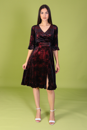 Rochii din Catifea - Rochie ARINA, Neagra cu Fir Lurex Rosu, din Catifea, Engros