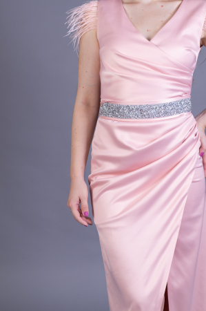 Rochie lunga ATENA din tafta roz cu pene [1]