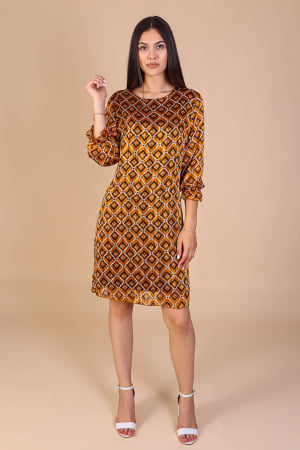 Reduceri - Rochie Dolores Galbena cu Imprimeu, cu Fir Lurex, Engros