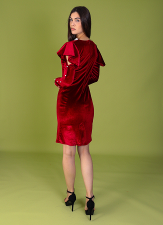 Rochie LINDA Bordo, cu Maneca Decupata si Perle, Engros [4]