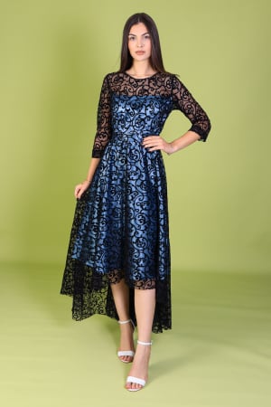 Rochii Lungi - Rochie LONDON, Albastra cu Dantela Neagra, Engros