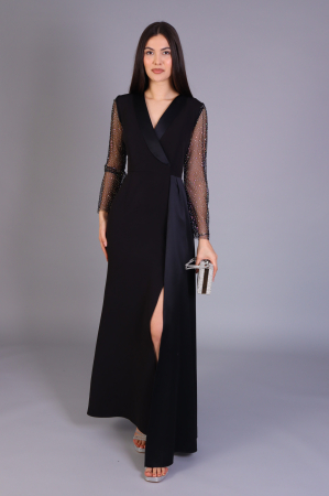 Rochii de Ocazie - Rochie MARISA Lunga Tip Sacou, cu Guler din Tafta si Maneci cu Pietricele