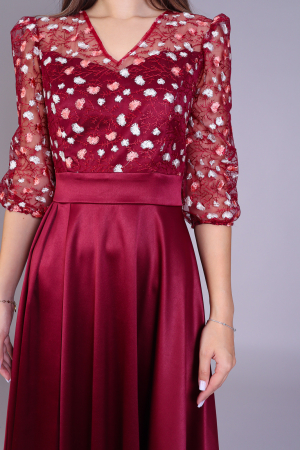 Rochie MAYA bordo din tafta si broderie cu motive florale engros [2]