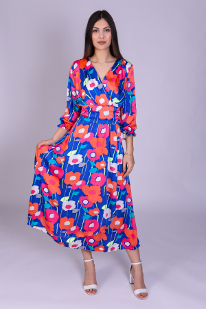 Rochii Midi - Rochie OLGA midi cu imprimeu floral roz si albastru