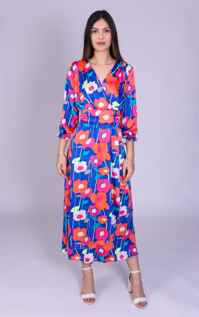 Rochie OLGA midi cu imprimeu floral roz si albastru [2]