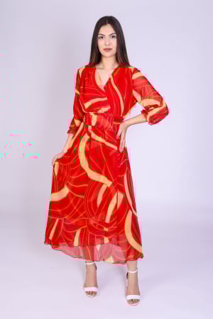 Rochii Midi - Rochie OLGA Midi din Voal cu Imprimeu Rosu, Engros