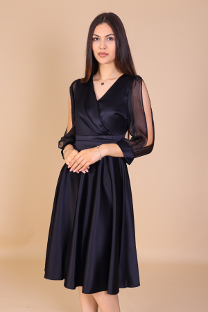 Rochii Midi - Rochie ANDA din Tafta, Neagra cu Maneci din Organza, Engros