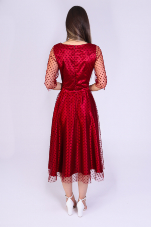 Rochie Reyna cu Plasa cu Buline si Satin, Bordo Engros [3]