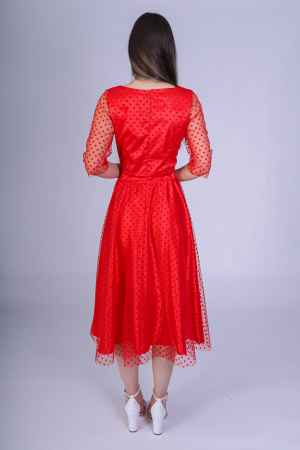 Rochie Reyna cu Plasa cu Buline si Satin, Rosie, Engros [3]