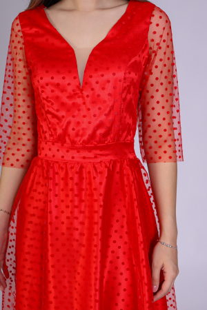 Rochie Reyna cu Plasa cu Buline si Satin, Rosie, Engros [2]