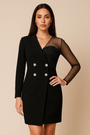 Rochie Sacou SASHA din Stofa si Plasa cu Strasuri [0]