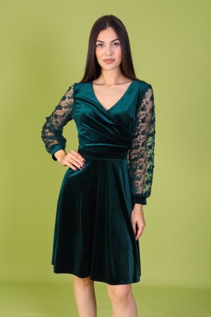Rochii de Ocazie - Rochie SANDY din Catifea Verde si Maneci din Dantela, Engros