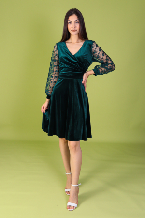 Rochie SANDY din Catifea Verde si Maneci din Dantela, Engros [1]