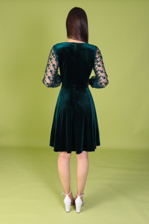 Rochie SANDY din Catifea Verde si Maneci din Dantela, Engros [4]