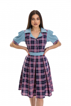 Rochie ANGRO Simona albastra cu carouri roz si bleumarin [1]