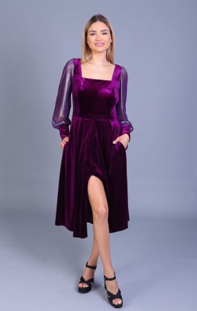 Rochii de Ocazie - Rochie ENGROS Valeria midi mov din catifea cu buzunare