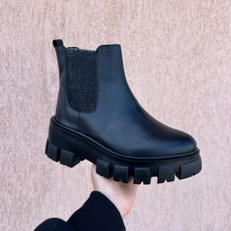 Femei - Botine din piele naturala cu elastic sclipici