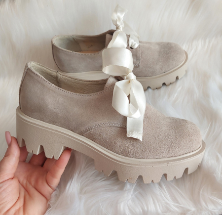 BLACK FRYDAY - 100% Piele naturală - Pantofi piele naturală velur cu șiret fundă
