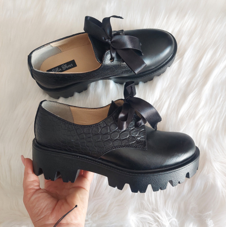 Femei - Pantofi piele naturală șiret fundă