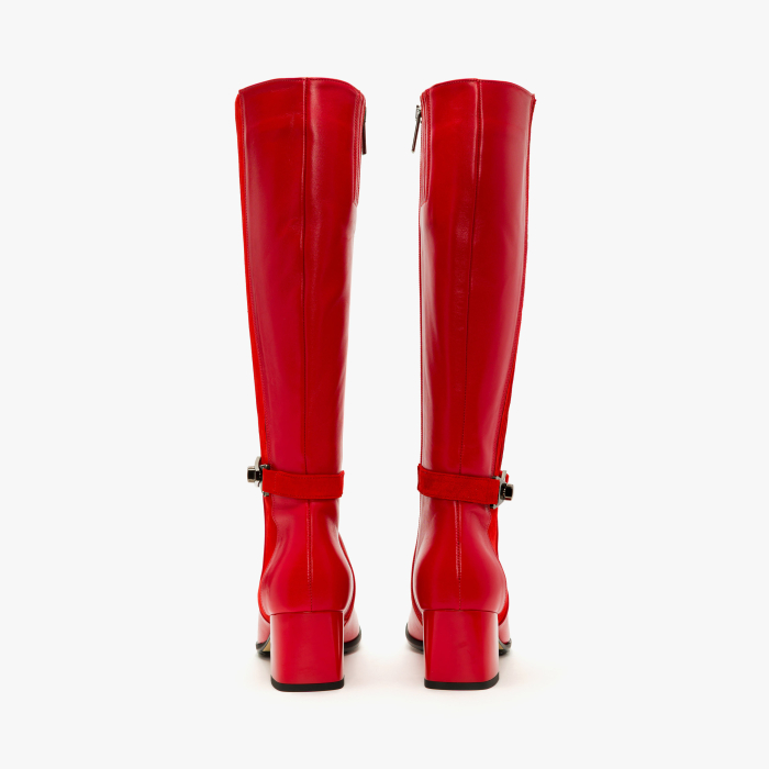 Cizme Damă din Piele, Culoare Roșu, Toc Gros de 5 cm, Elastic Lateral și Accesoriu Metalic, Renzoni 5752 [4]